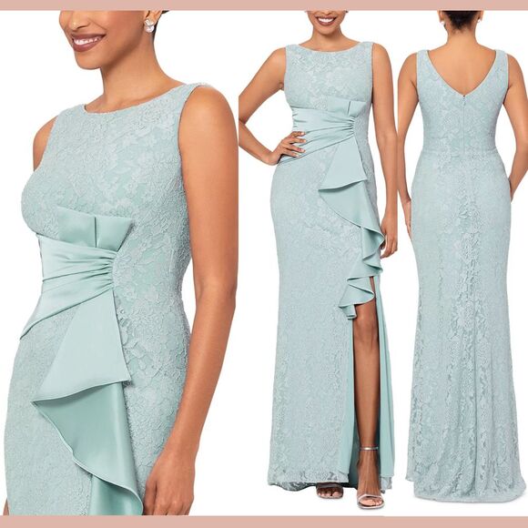 NWT $279 Betsy & Adam [ 16 ] Sleeveless Lace Ruffled Gown‎ in Sage Green - Picture 1 of 4